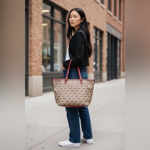 MICHAEL KORS JET SET MONOGRAM LOGO TOTE RED TRIM HANDLES ❣️❤️‍🔥